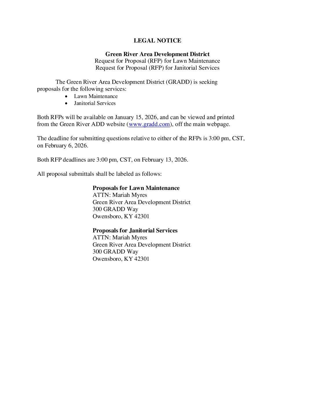PUBLIC NOTICE: Green River Area Development District seeks RFPs for lawn and janitorial services