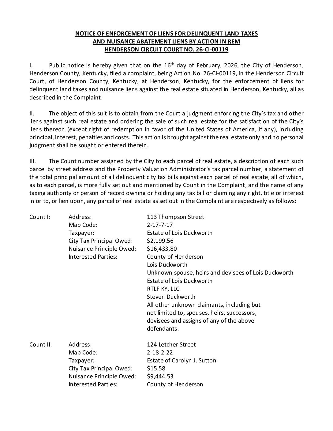 PUBLIC NOTICE: Notice of enforcement of liens and delinquent land taxes and nuisance abatement