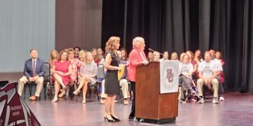 School district welcomes Ethel Rideout, wife of former superintendent Dr. Bill Rideout, at Wednesday convocation