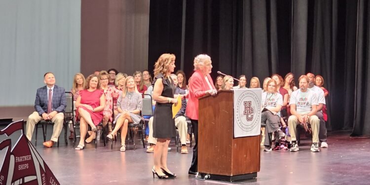 School district welcomes Ethel Rideout, wife of former superintendent Dr. Bill Rideout, at Wednesday convocation